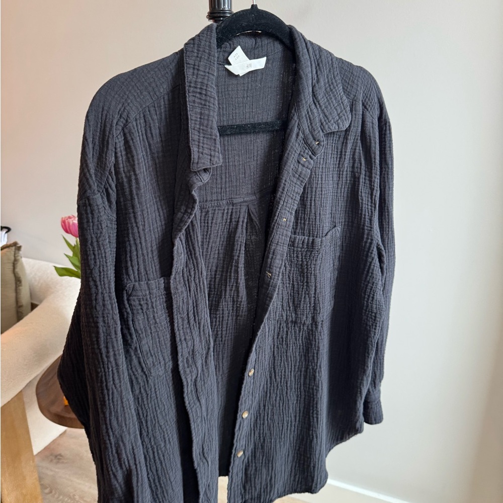 Black Waffle Textured Button Up